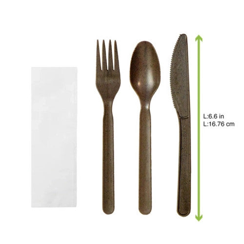 Compostable Coffee Ground 4/1 Cutlery Kit With Kraft Bag (Knife, Fork, Spoon, Napkin) L:7in - 500 pcs