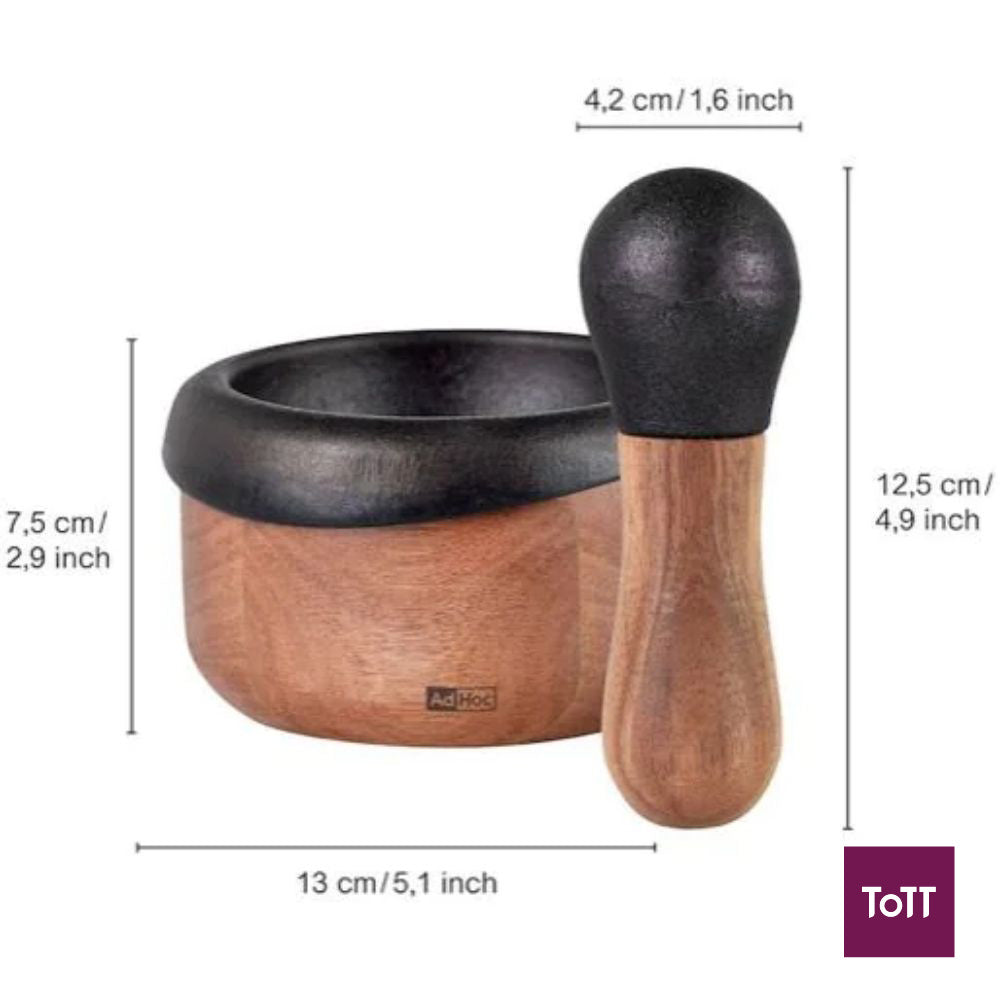AdHoc Crush Cast Iron Mortar and Pestle With Wooden Handle Ø13×7.5cm, Black and Natural