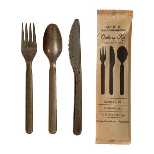 Compostable Coffee Ground 3/1 Cutlery Kit With Kraft Bag (Knife, Fork, Spoon) L:7in - 500 pcs