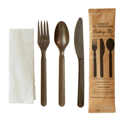 Compostable Coffee Ground 4/1 Cutlery Kit With Kraft Bag (Knife, Fork, Spoon, Napkin) L:7in - 500 pcs