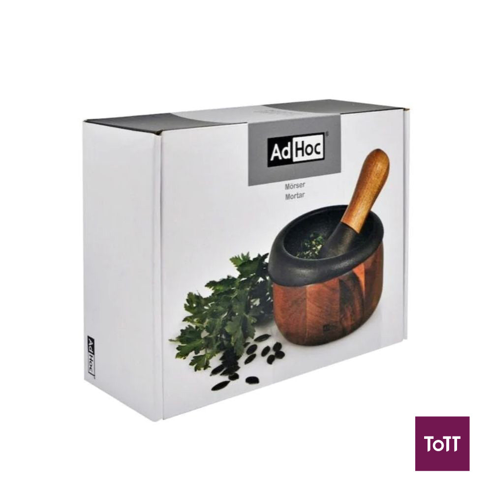 AdHoc Crush Cast Iron Mortar and Pestle With Wooden Handle Ø13×7.5cm, Black and Natural