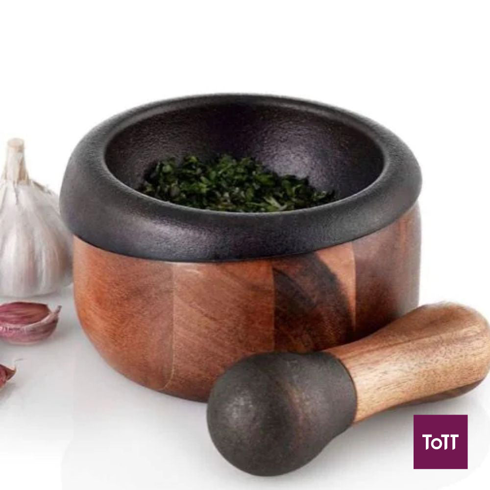 AdHoc Crush Cast Iron Mortar and Pestle With Wooden Handle Ø13×7.5cm, Black and Natural