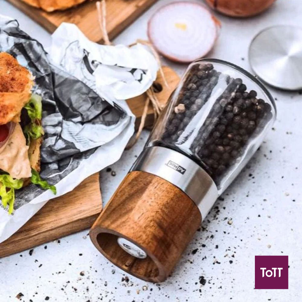 AdHoc Akasia Ceracut Glass Pepper Or Salt Mill Ø6.5xH13.5cm, Acacia Wood